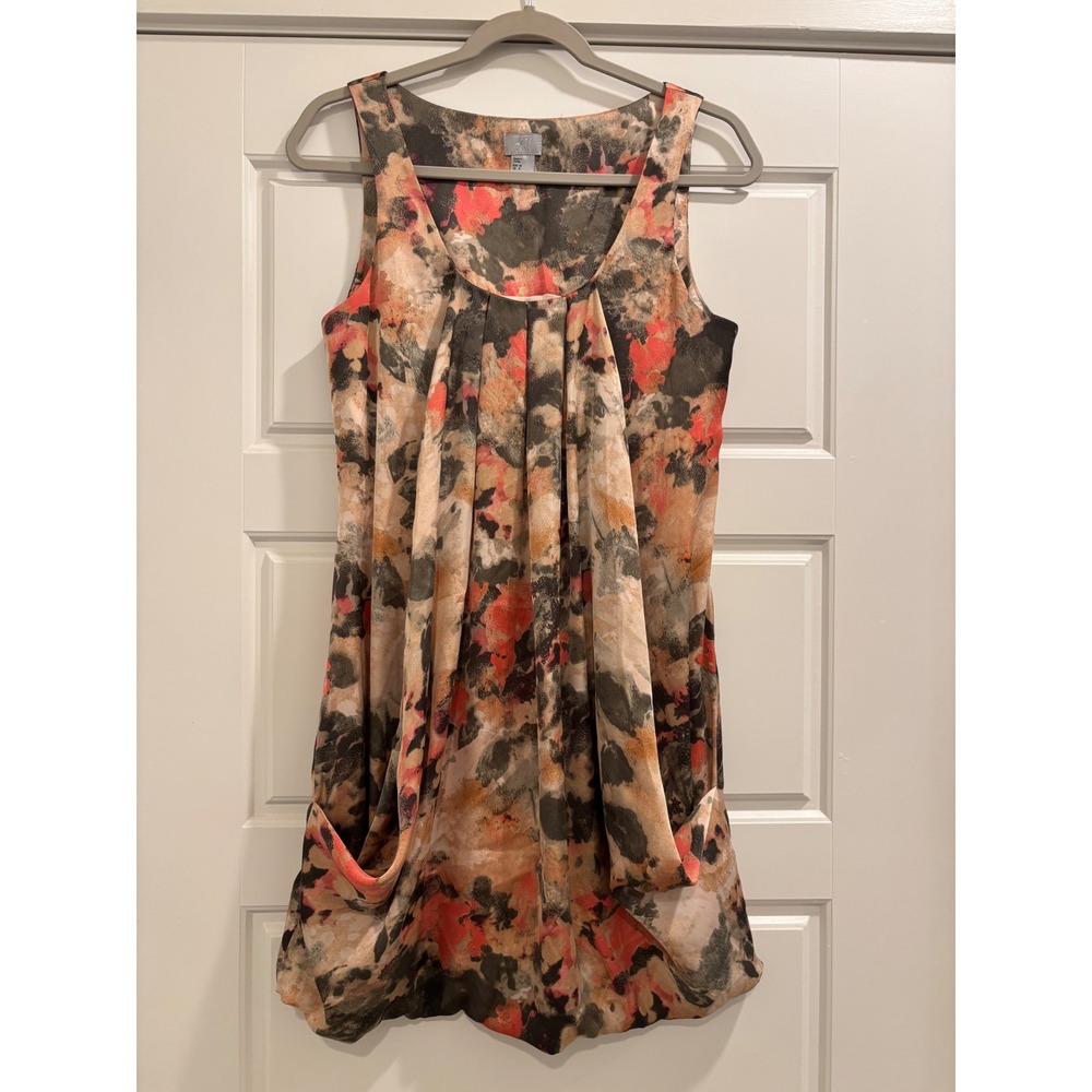 HM Women Sleeveless Abstract Floral Pleated Tulip Mini Dress Coral Grey Size 8
